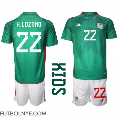 Camiseta México Hirving Lozano #22 Primera Equipación para niños Mundial 2022 manga corta (+ pantalones cortos)